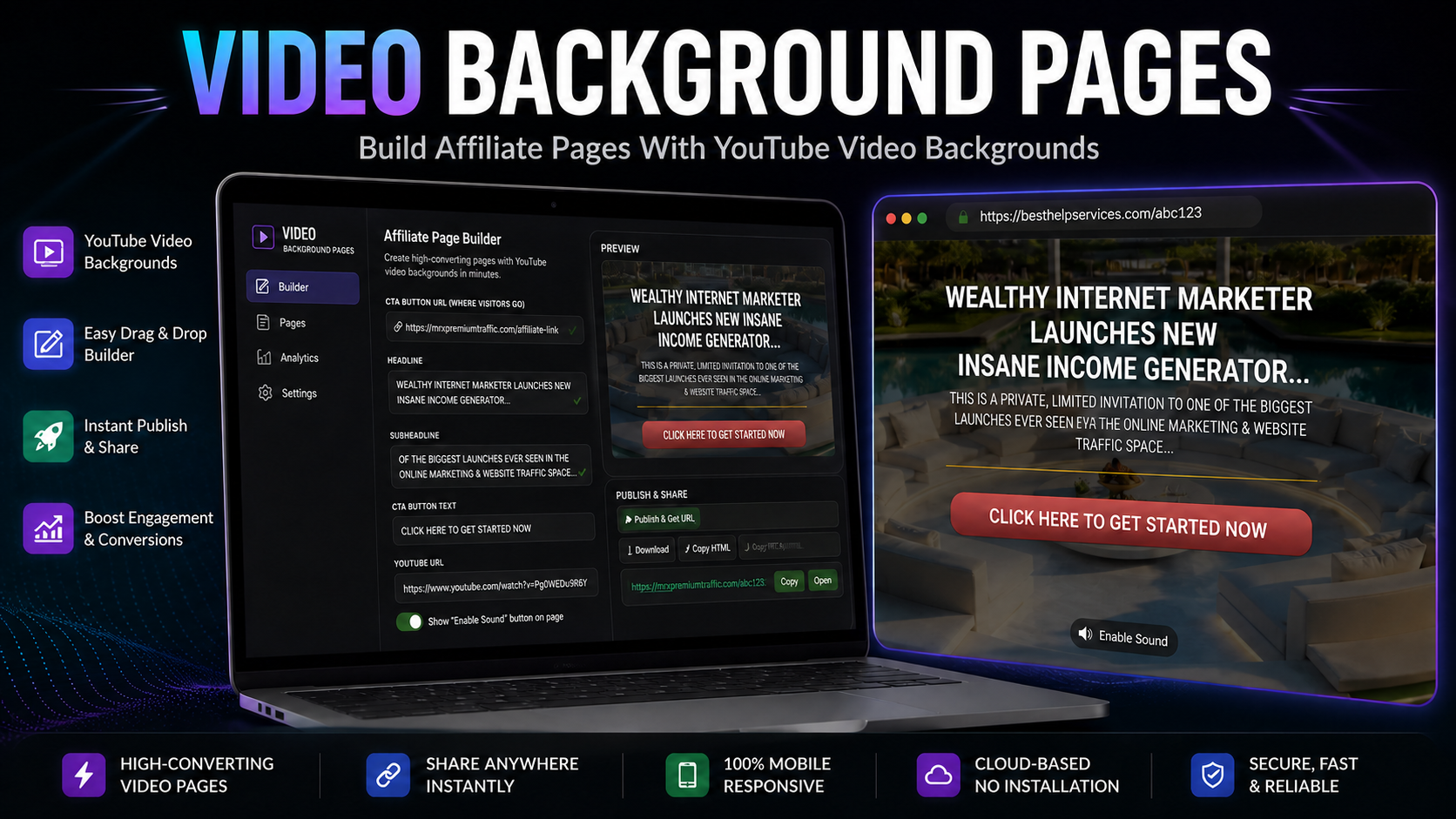 Video Background Pages affiliate page builder preview